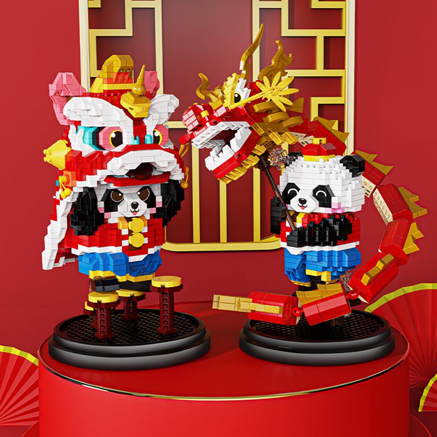 Non-Toxic Happy New Year Kids Toys Panda Building Blocks Micro Blocks Dragon Lion Dance Chinese Style Decorations Gifts Sets