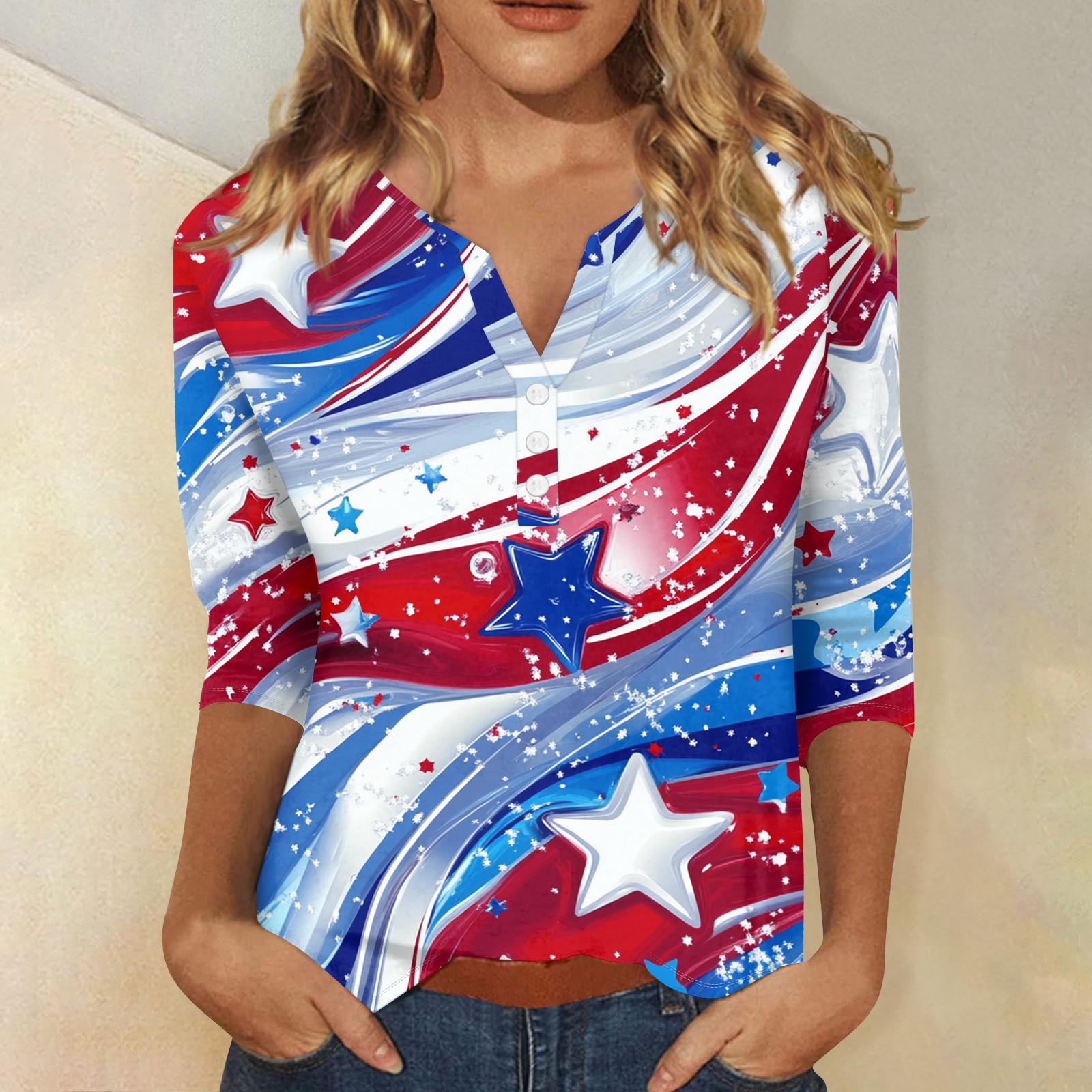 

Women s T Shirt Independence Day Print Button 3/4 Sleeve Daily Weekend Fashion Basic V- Neck Regular Top L синий