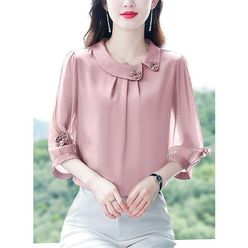 Summer New Solid Color Doll Collar Patchwork Blouse Ladies Elegant Fashion 3/4 Sleeve All-match Vintage Top Women Chiffon Shirt