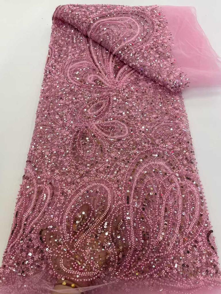 African Lace French Sequin Fabric 2025 High Quality Embroidery Tulle Lace Fabrics With Beaded For Nigeria Wedding Dress Sewing