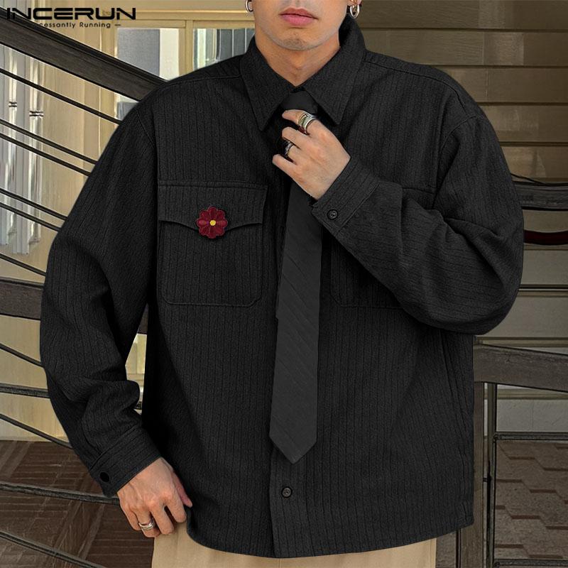 INCERUN Oversized Men Lapel Neck Tie Up Long Sleeve Buttons Embroidery Casual Striped Shirts