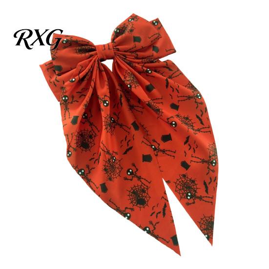 Halloween Bow Hairpin Spring Hair Clips for Women, Pumpkin Skeleton Ghost Hand Printed Clip Fabric Barrettes, Cute Horror Accessories Holiday