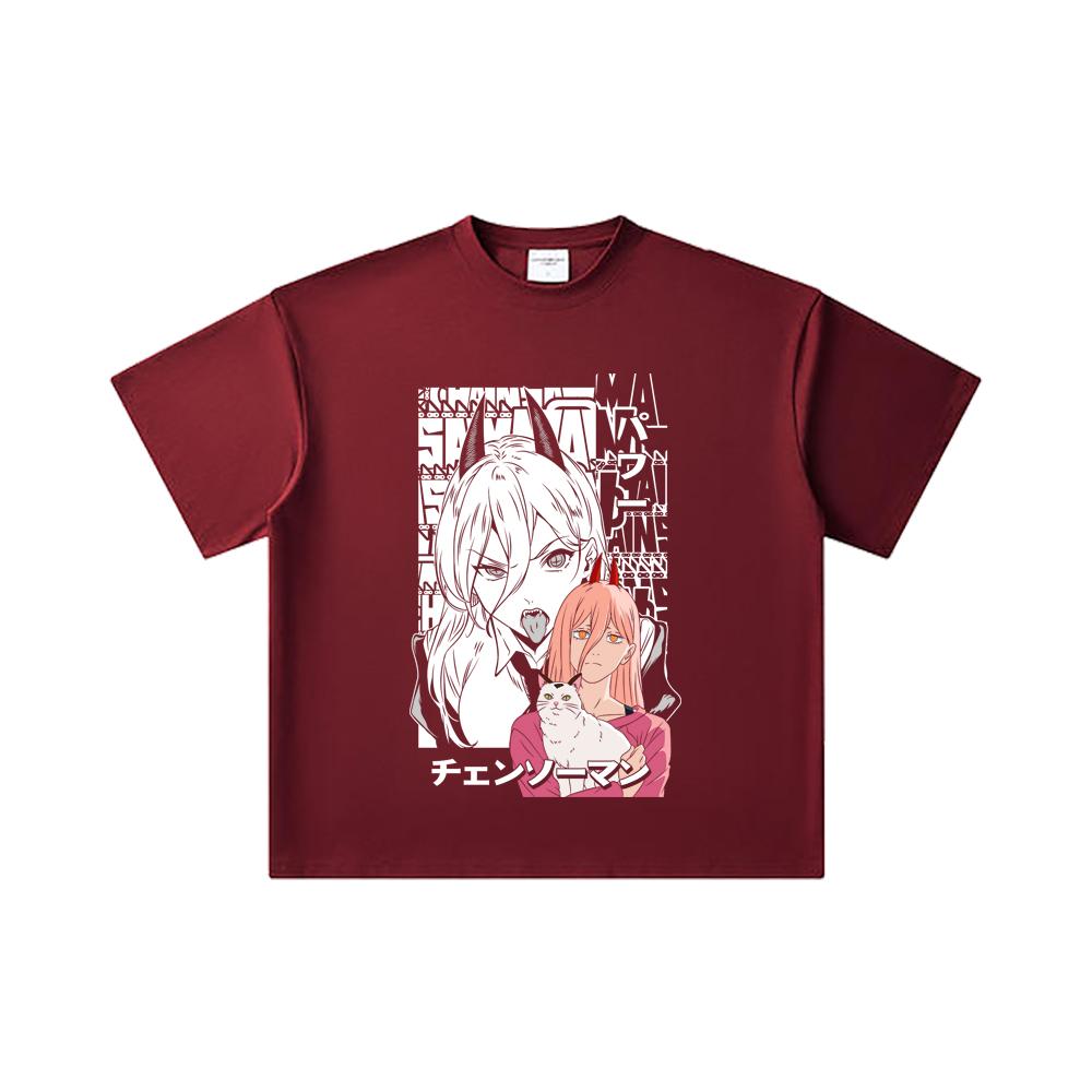 

260 GSM Double Yarn 32 Count 100% Cotton Chainsaw Man V57 Power Print Unisex Heavy Cotton T Shirt 2XL вина червоного кольору