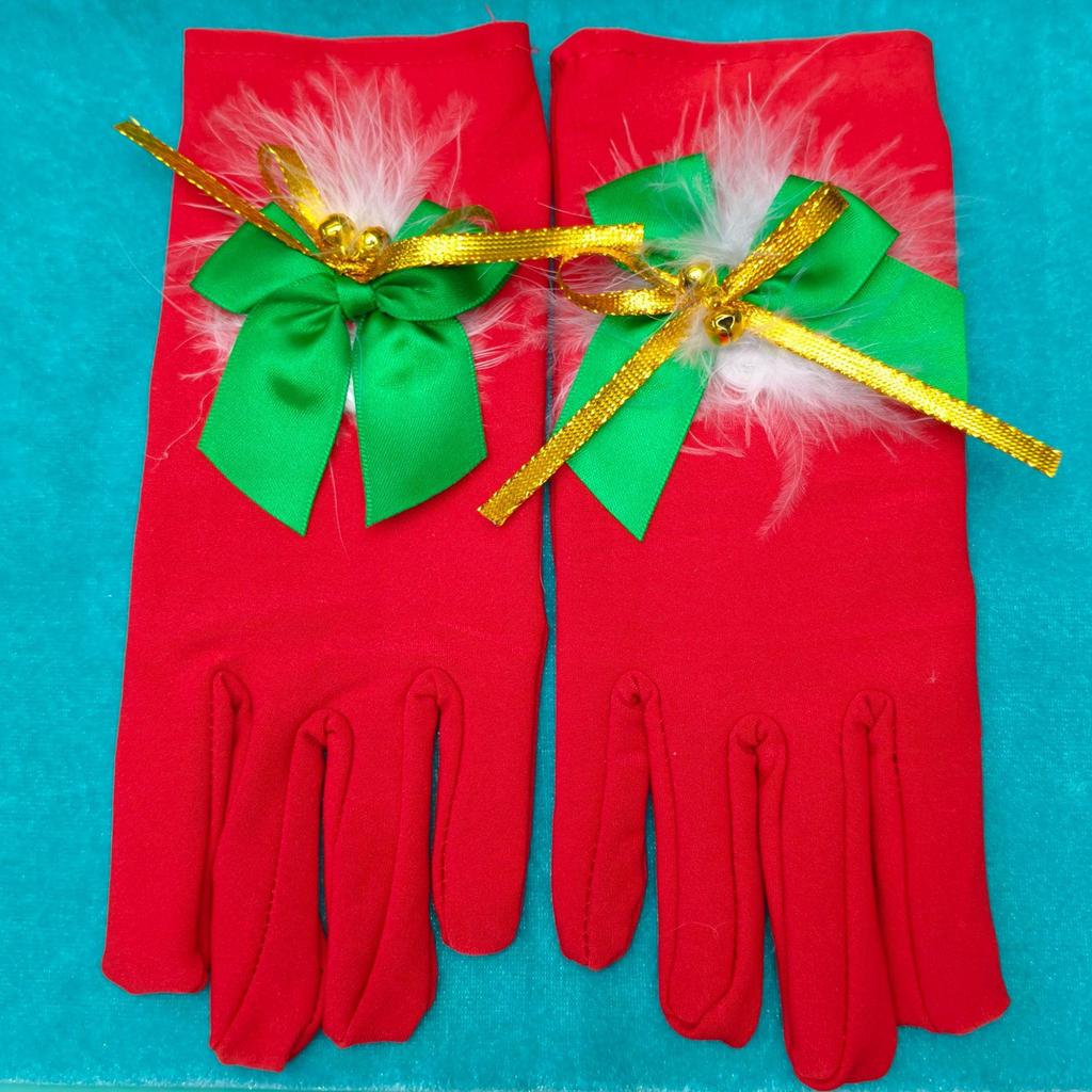 Children's Holiday Party Plush Bow Cosplay Gloves with Jingle Bells
