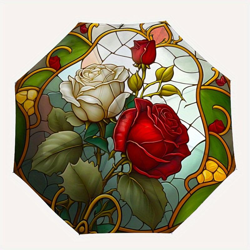 1pc Rose Garden StainedGlass Compact Travel Umbrella, Automatic Folding Lightweight Windproof 8-Bone Reinforced Design, Portable for Backpac