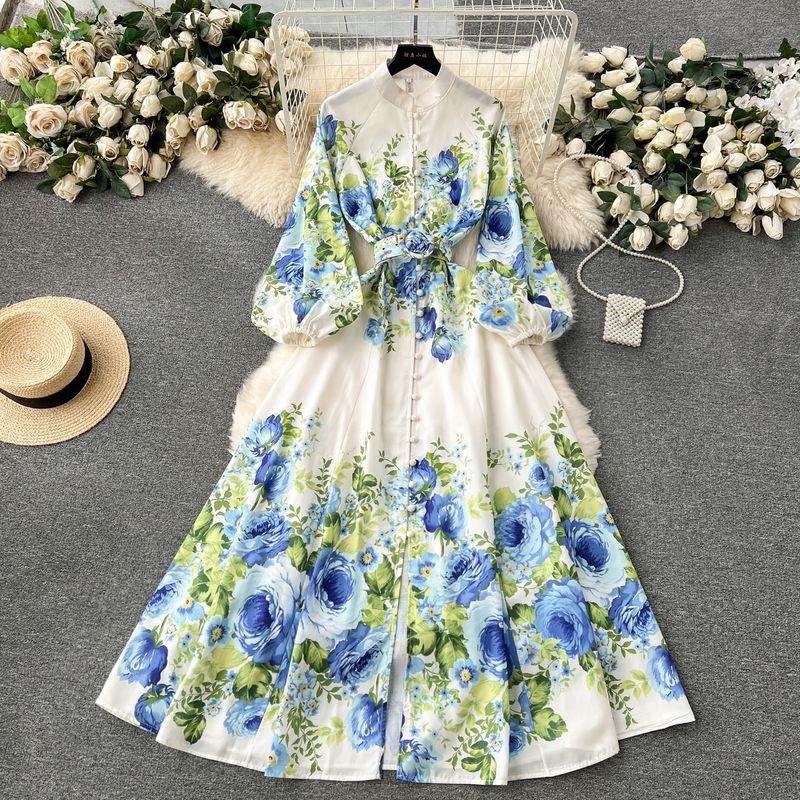 Flowers Spring Clothing Silm Long Puff Sleeve Dress