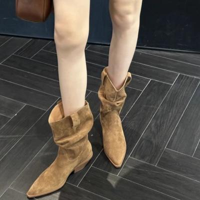 Klobiger Absatz spitze Martin Stiefel Damen Herbst 2024 neue Mode Temperament plissierte Stiefel Western kurze Stiefel