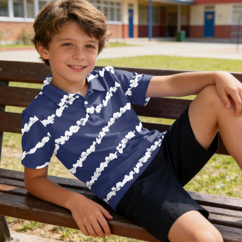 Kids Polo Shirt Short Sleeve Quick Dry Breathable Fabric Collared Tee with Striped Pattern Suitable for Casual Wear and Outdoor Activities