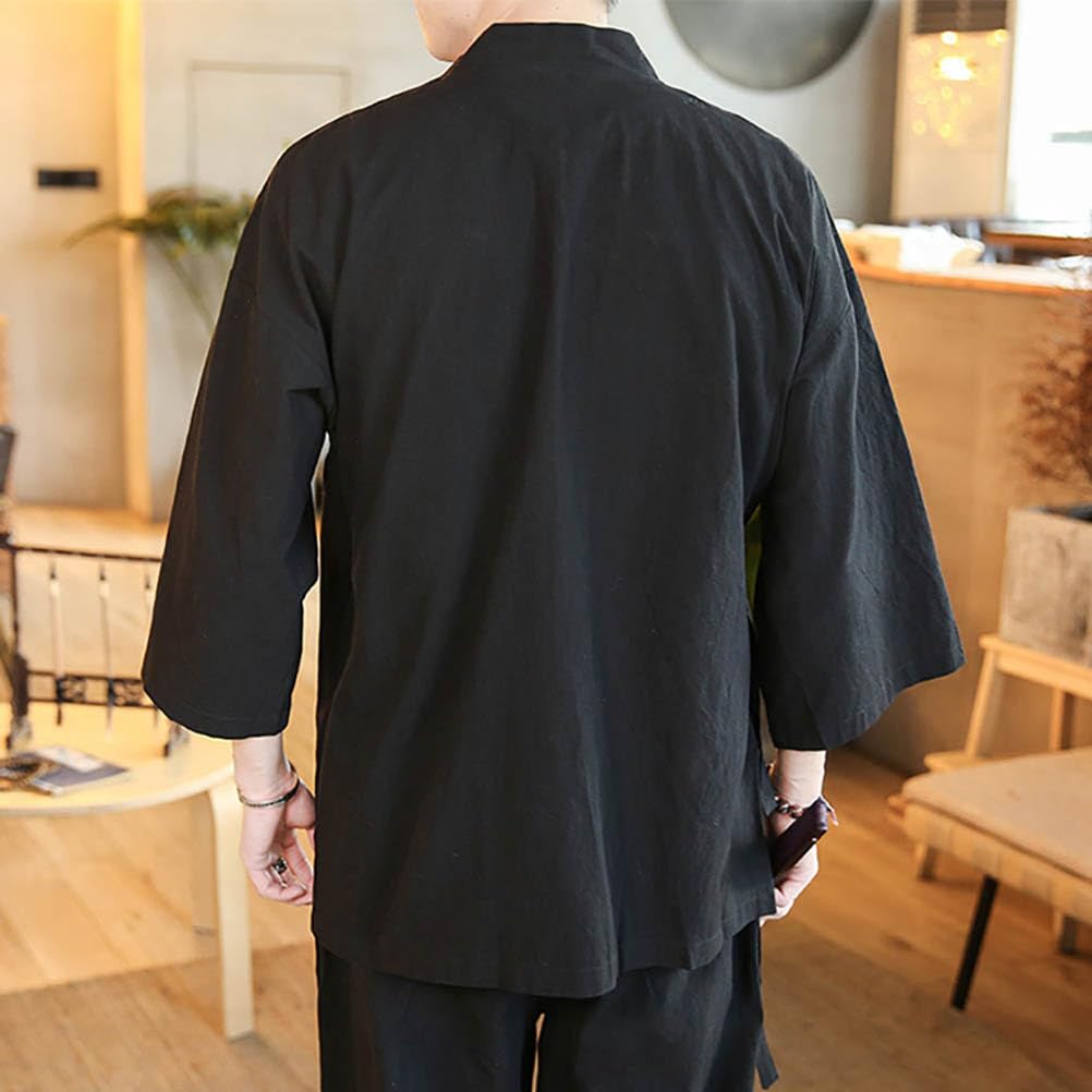 Breathable Men's Japanese-style Cardigan, Open-necked, Haori, Cotton-linen, Jinbei-style, 3/4-sleeve, Summer/Autumn, Yukata, Kimono, Jacket, Casual,