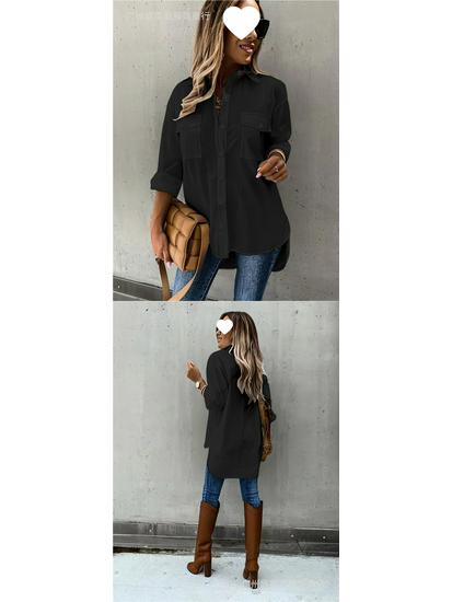 European American Women's Versatile Pocketed Long-Sleeve Lapel Shirt