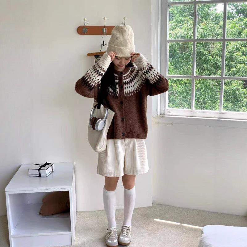 Autumn and winter new Fair Island jacquard retro contrasting color design single-breasted loose long-sleeved knitted jacket