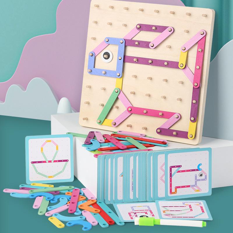 Montessori Wooden Geometric Figures and Creative Nail Board for Early Childhood Education
