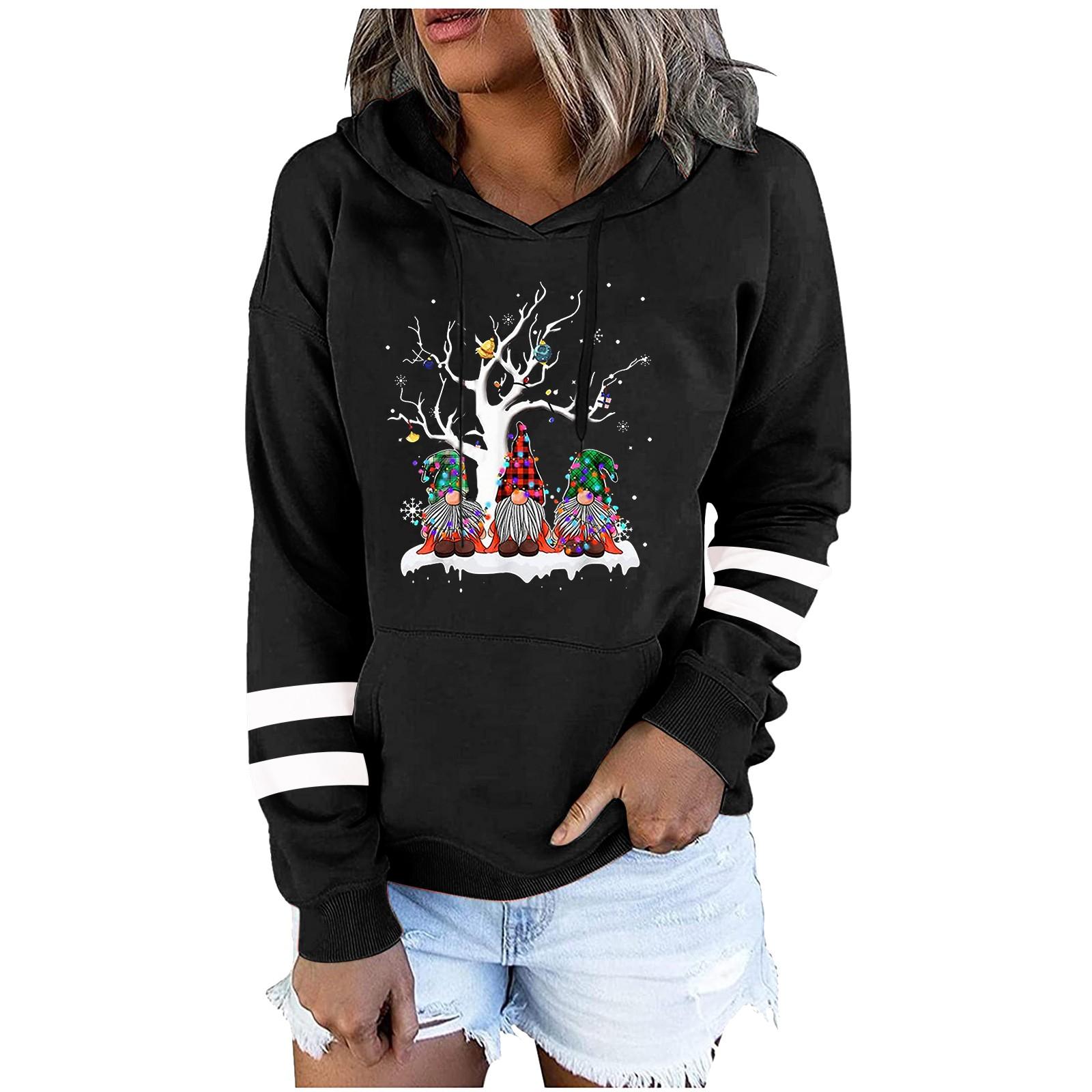 

Women s Fashion Leisure Christmas Party Printed Long Sleeve Hooded Pullover Top L чорний