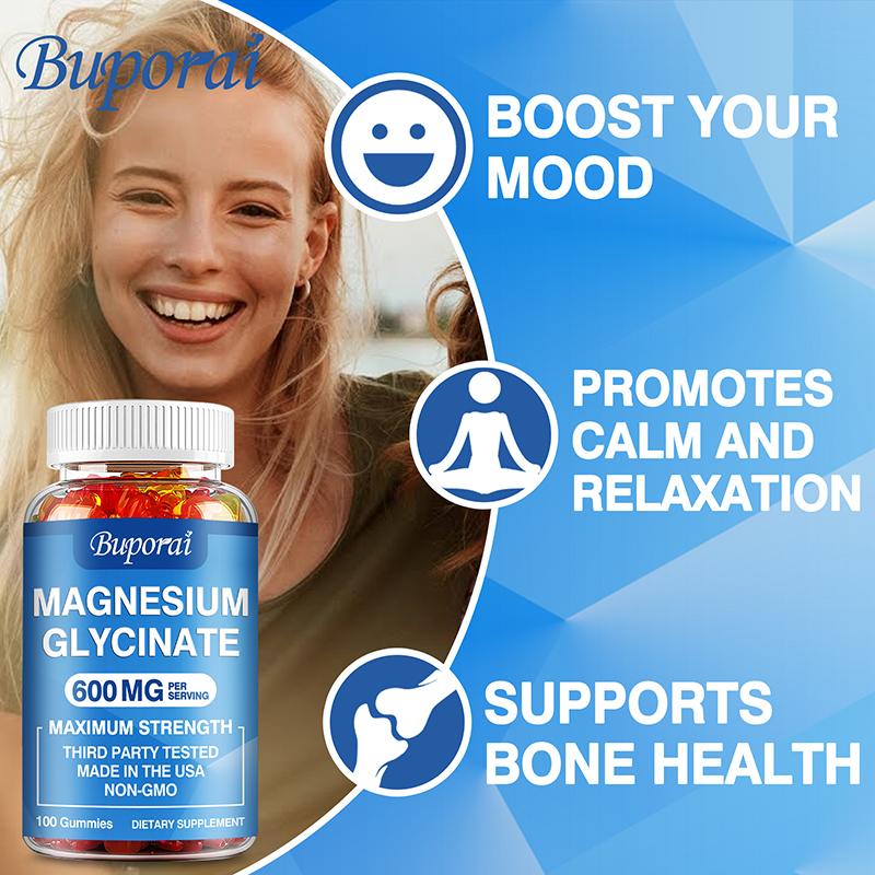 Buporai Magnesium Glycine Gummies, 600 Mg Per Serving, Support Muscle Relaxation, Vegan and Safe.