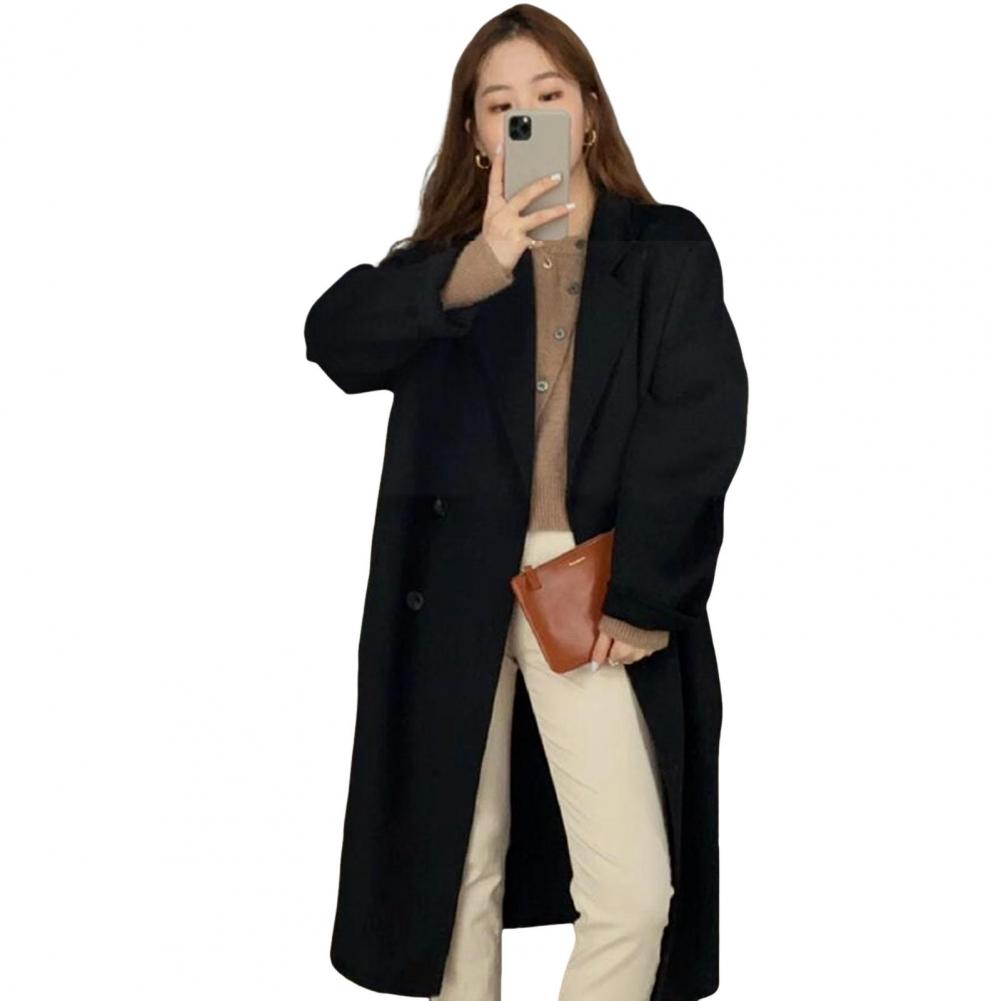 Women Winter Overcoat Double-breasted Turn-down Collar Long Sleeves Buttons Loose Cardigan Mid Length Outdoor Woolen Coat
