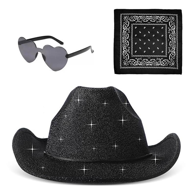 Pink Glitter Cowboy Hat Three-piece Set, Western Cowboy Glitter Cowboy Hat, Halloween Composite Cowboy Hat