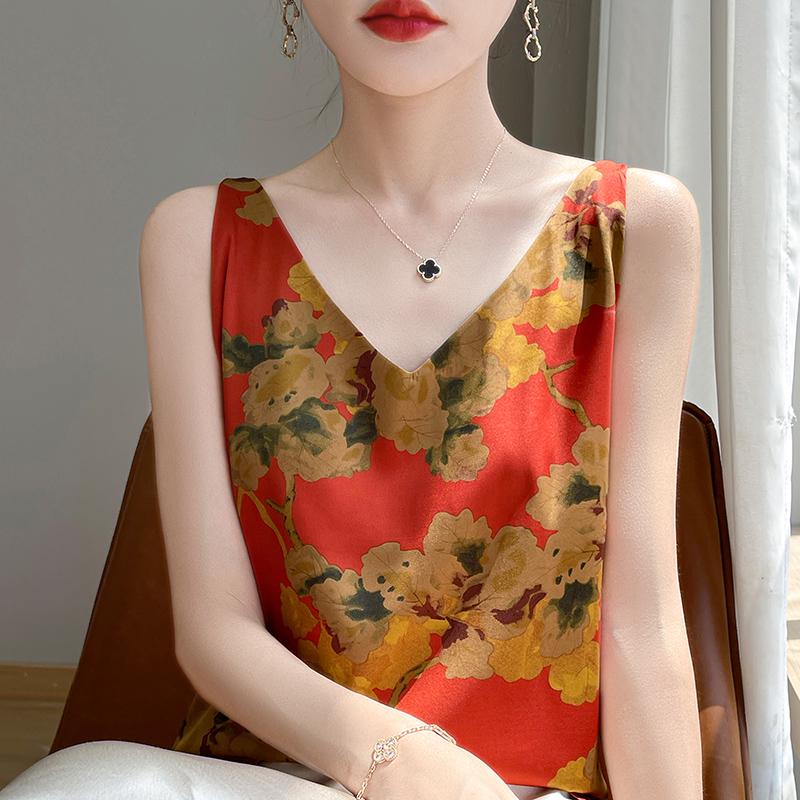 High-Quality Chinese-Style Satin V-Neck Camisole: Women's Sleeveless Summer Top