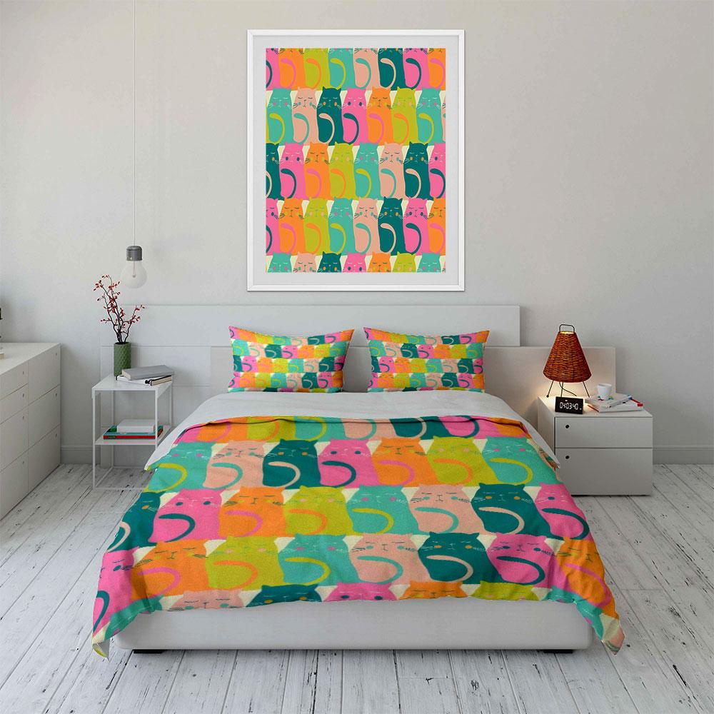 Colorful Cat Pattern Decorative Set Soft Skin-Friendly Bedding Set Includes 1 Duvet Cover And 2 Pillowcase, Gift