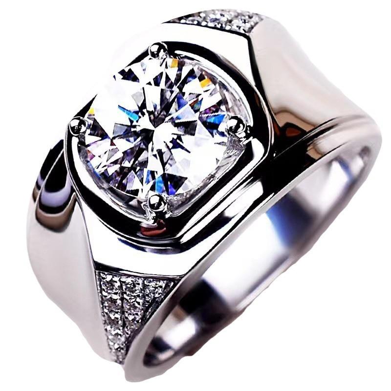 Mens Adjustable Open Ring With 2ct Simulated Moissanite White Gold Plated Geometric Design Business Casual Wear