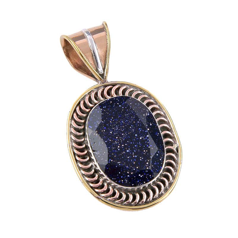 Natural Blue Sunstone 925 Solid Sterling Silver Gift TwoTone Pendant 1.50" a9N06
