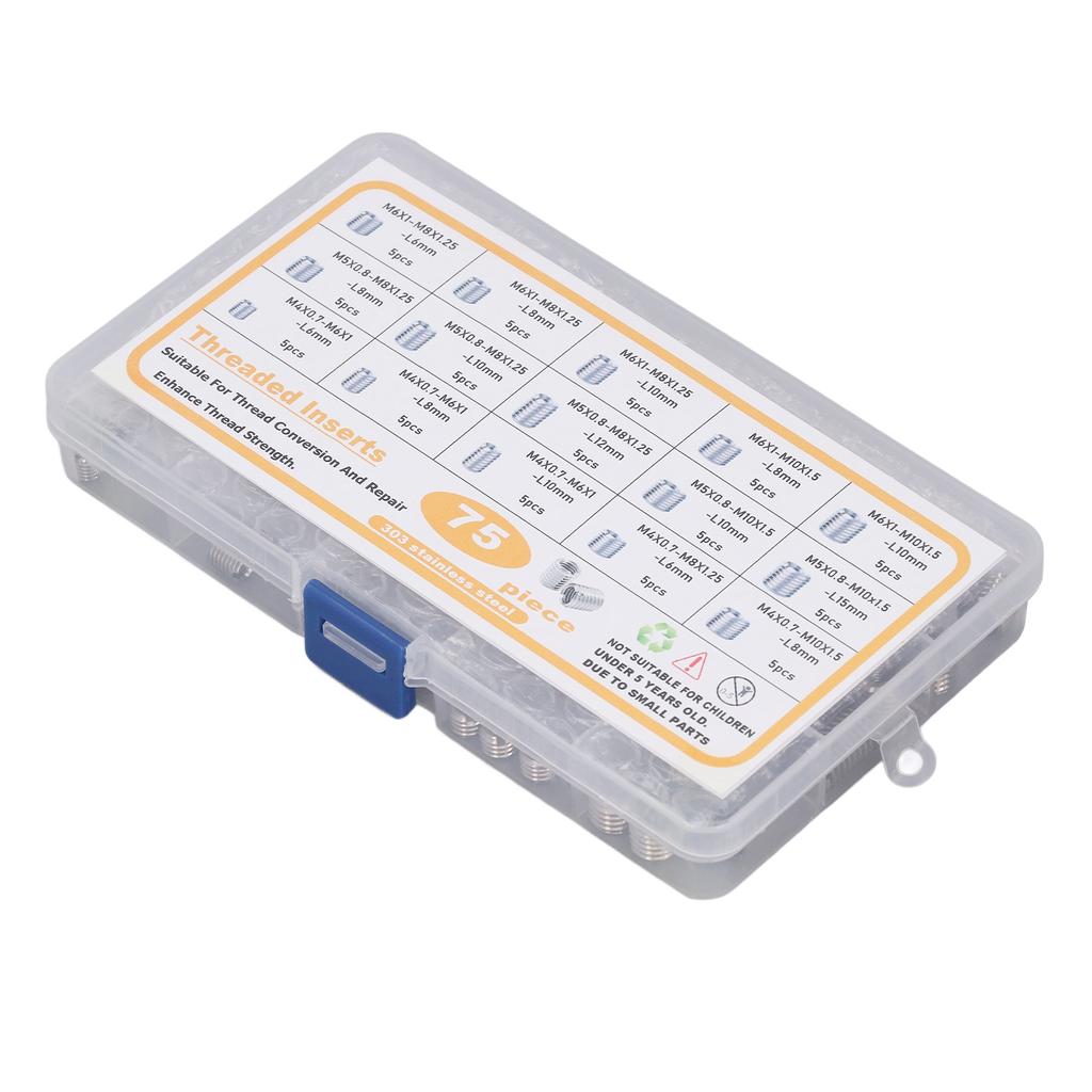 75Pcs Stainless Steel Threaded Inserts Nuts Assortment Tool Kit for Thread Repair