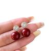 Silver Needle Zircon Flower Pearl Earrings New Year's Light Luxury High-end Stud Earrings Retro Temperament Red Earrings Women