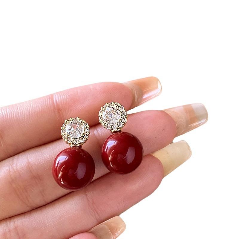 Silver Needle Zircon Flower Pearl Earrings New Year's Light Luxury High-end Stud Earrings Retro Temperament Red Earrings Women