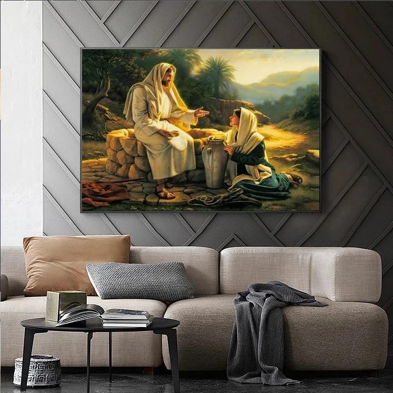 Dio Cristiano Gesù Il Buon Pastore Cristo Credenza Fede La Samaritana Poster Stampe Pittura su Tela Arte da Parete Decorazione Stanza