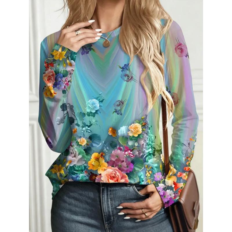 Fashion Women's Crew Neck Long Sleeve 3D Casual Color Printing Casual Short Sleeve Crew Neck T-Shirt