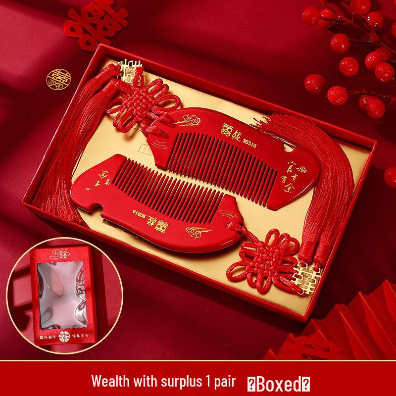 Bordowy Drewniany Zestaw Grzebieni Ślubnych z Lusterkiem - Pudełko na Prezent Weselny Panny Młodej