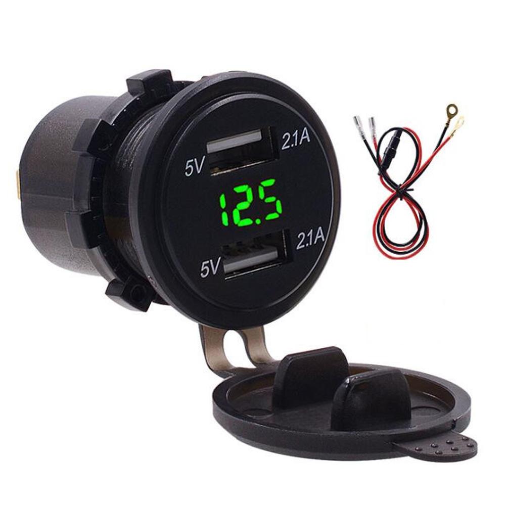 Waterproof Dual USB Phone Charging 4.2A Charger LED Digital Display Voltmeter with 23.6in LineGreen DC12 24V