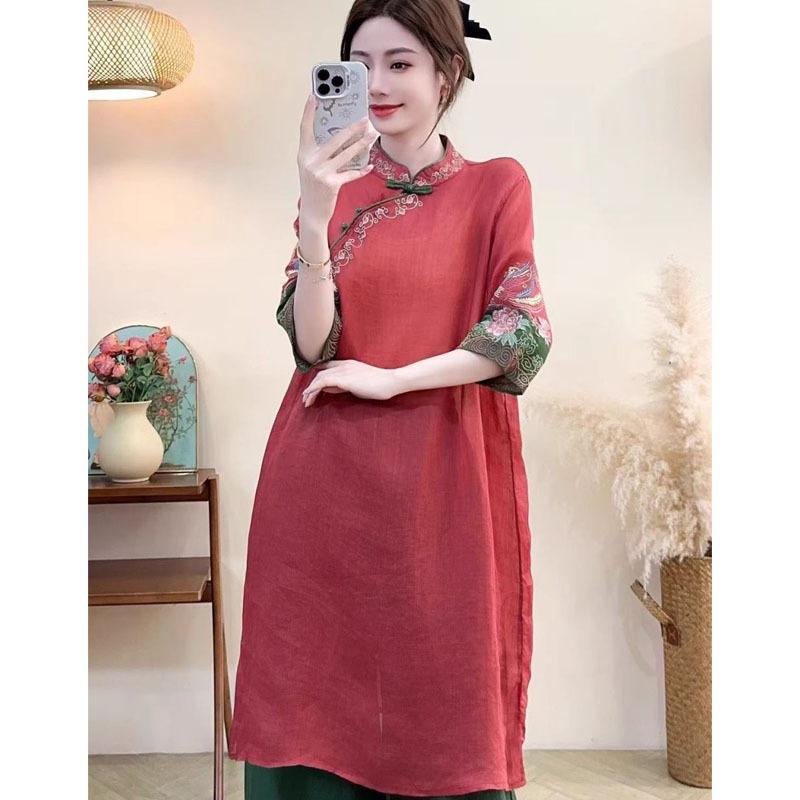 Women's Spring Summer New Chinese Style Cotton Linen Dress Mandarin Collar Frog Button Heavy Embroidery Loose Zen Literary Slimming Midi Dress
