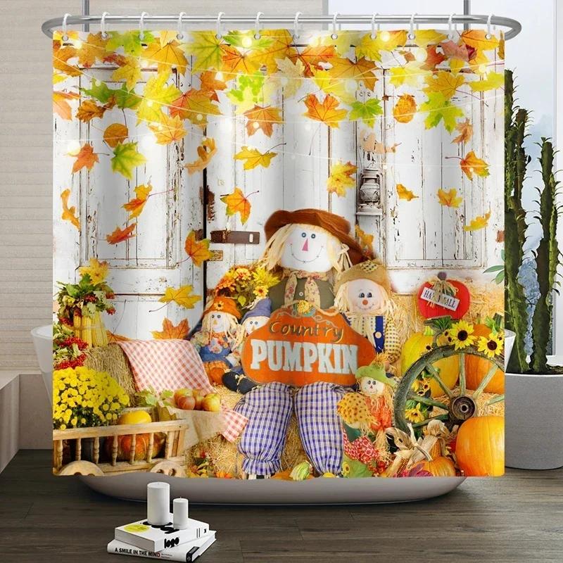 Autumn Shower Curtain, Autumn Maple Leaf Pumpkin Bathroom Decoration, Polyester Fabric Shower Curtain Hook, Room Decoration