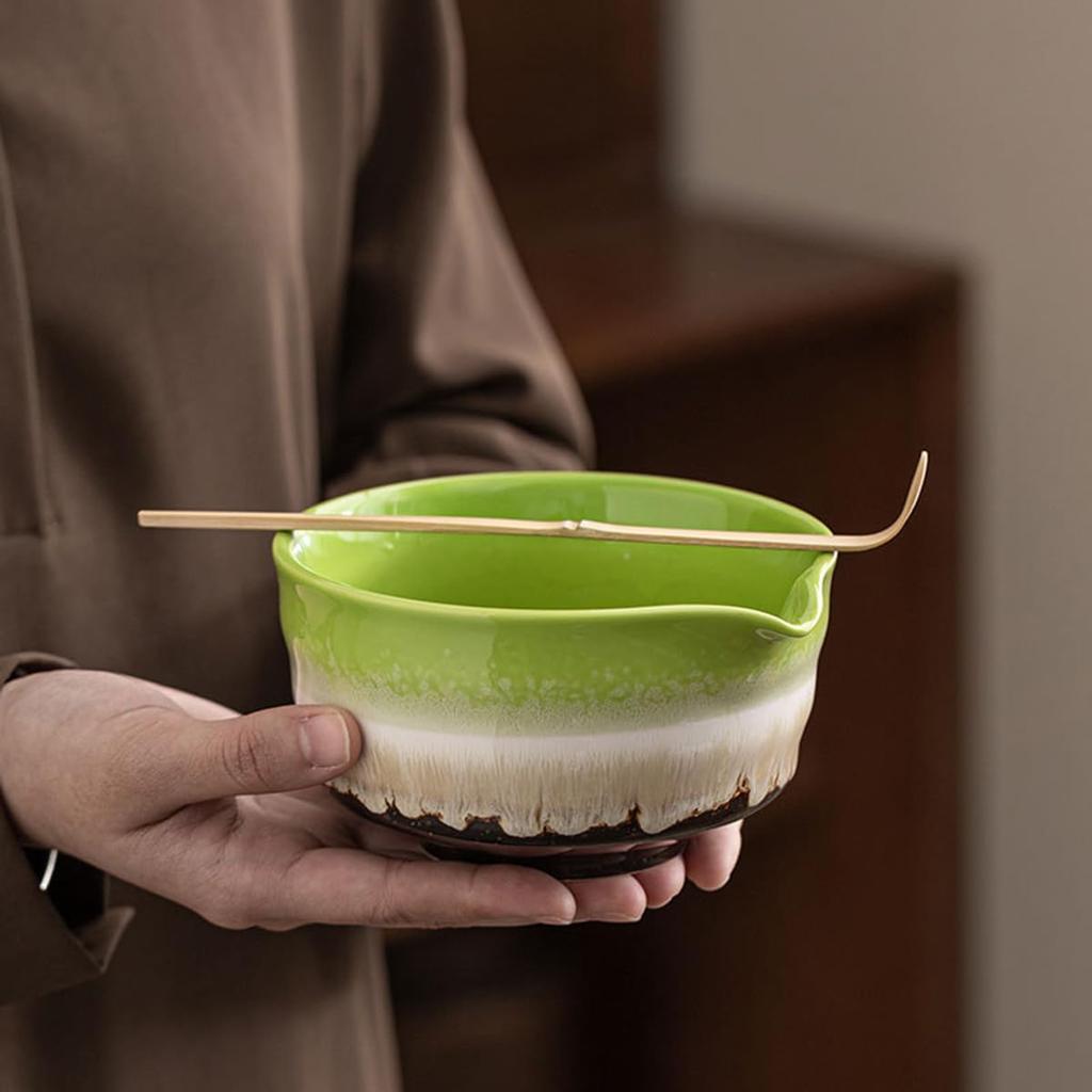 Matcha Tea Ceremony Japanese Tea Ceremony Tea Chashaku Matcha and Whisk 7-Piece Set, Utensils, Bowl, 100-Standing Chasen, (Tea Scoop), Powder, (Green)