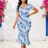 Women Plus Size V Neck Short Sleeve Blue White Pink Printed Fishtail Dress