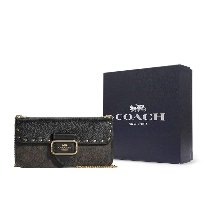 Coach Morgan 20 Classic Monogram Studded Closure Leather Detail Small Shoulder Crossbody Bag Women Bags Black CF474-IMOSN