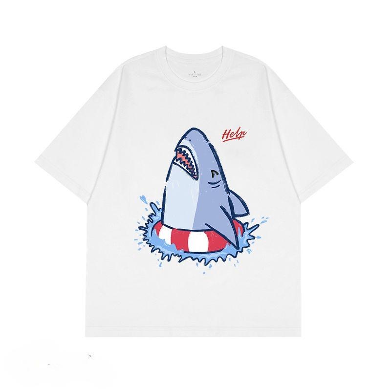 Drowning Shark Printed Men's T-Shirt Summer Vintage Kawaii Men's Women's Surfing Beach T-Shirt Unisex Breathable Casual Top