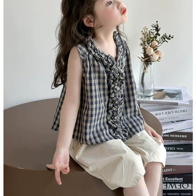 Girl's Sleeveless Wide Leg Pants Set Summer Fashion Versatile Checkered Casual Set for Girls