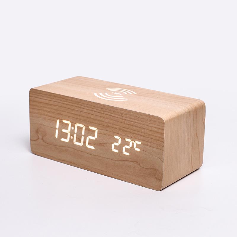 Wireless LED Wood Clock: Digital Alarm with Thermometer, Calendar & Charging Function