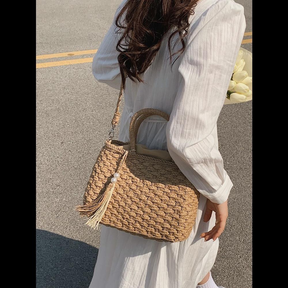 Vacation Casual Woven Fringe Drawstring Tote Bag, Fashion Summer Vacation Bag, Beach Essentials Women Bags For Vacation & Holiday