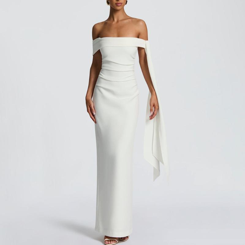 

European and American fashion new sexy tube top dress slim-fitting solid color streamer backless hip-wrapped women s long dress S белый