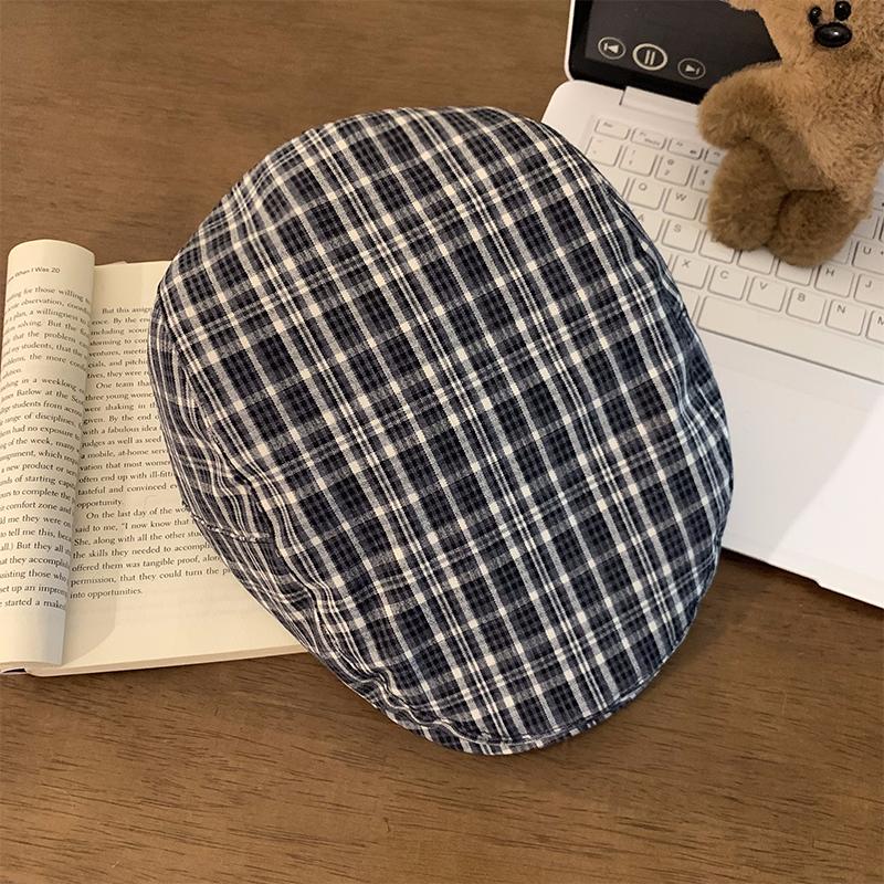 Japanese Retro Checkered Forward Hat Female Atmosphere Wearing A Beret To Show Off Face Little Newsboy Painter