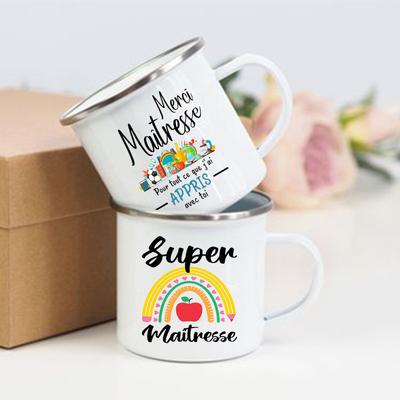 Dziękuję Nauczycielko Francuski Nadruk Emaliowany Kubek Napoje Deser Kubek na Mleko Kreatywne Kubki do Kawy Vintage Uchwyt Naczynia do Picia Prezent dla Nauczyciela