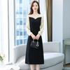 Women's Plus Size Square Neck Dress - Autumn 2026 Retro Patchwork Slim Fit with Long Sleeves