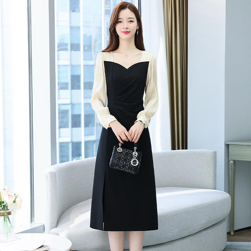 Women's Plus Size Square Neck Dress - Autumn 2026 Retro Patchwork Slim Fit with Long Sleeves