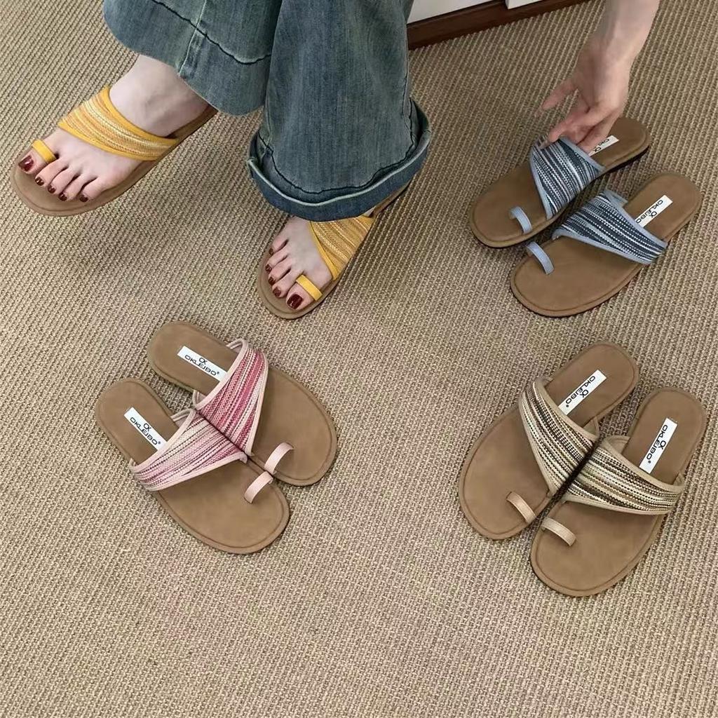 Flat-bottomed Toe French Sandals Fairy Wind Wear 2025 Summer Vintage Woven Seaside Roman Beach Slippers
