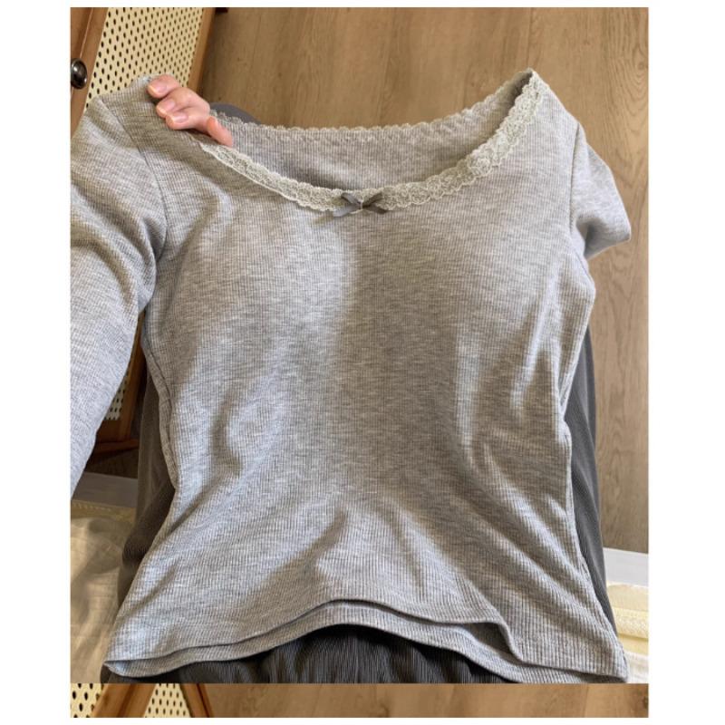 

Теплая с нагрудными вкладышами, футболка с длинным рукавом с цветочным кружевным краем, U-образный вырез, осенне-зимняя внутренняя нижняя рубашка M