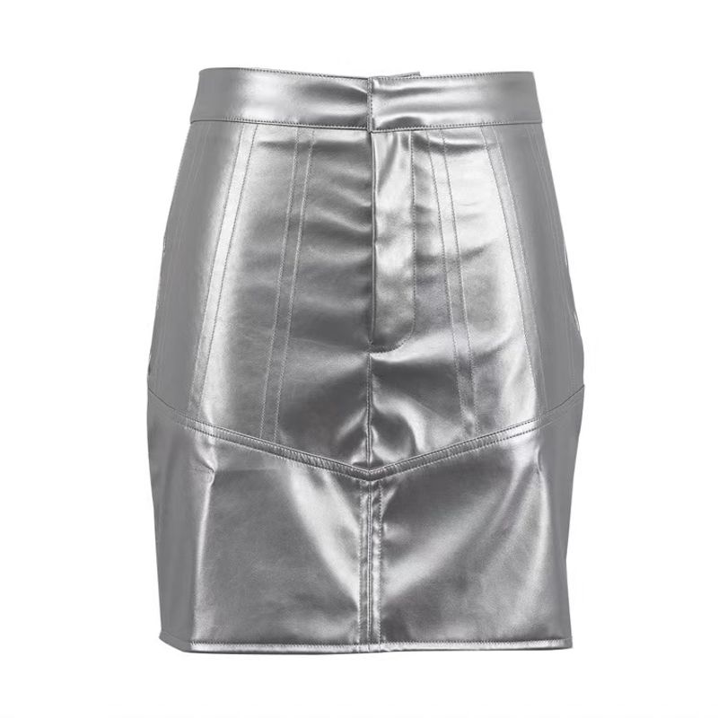 

Fashion Sexy High Waist Package Hip with a Zipper Skirt Metallic PU Leather Skirt Pu High Waisted Skirt Silver L