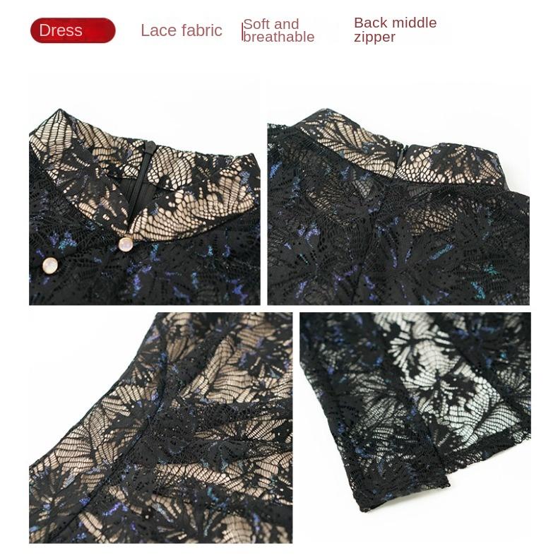 GMXIA Čínská krajka Cheongsam Vylepšené šaty s krátkým rukávem Žena Mladá denní sukně sukně národního stylu