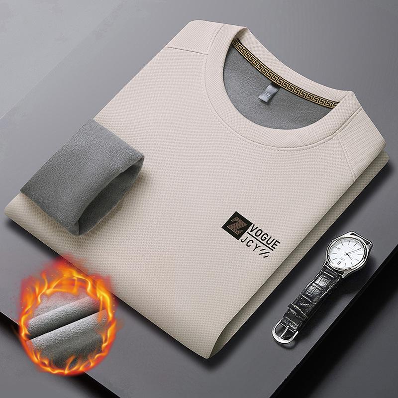 Men's Long Sleeve Round Neck Sweatshirt - Thick Velvet, Warm Base Layer for Autumn/Winter Fashion